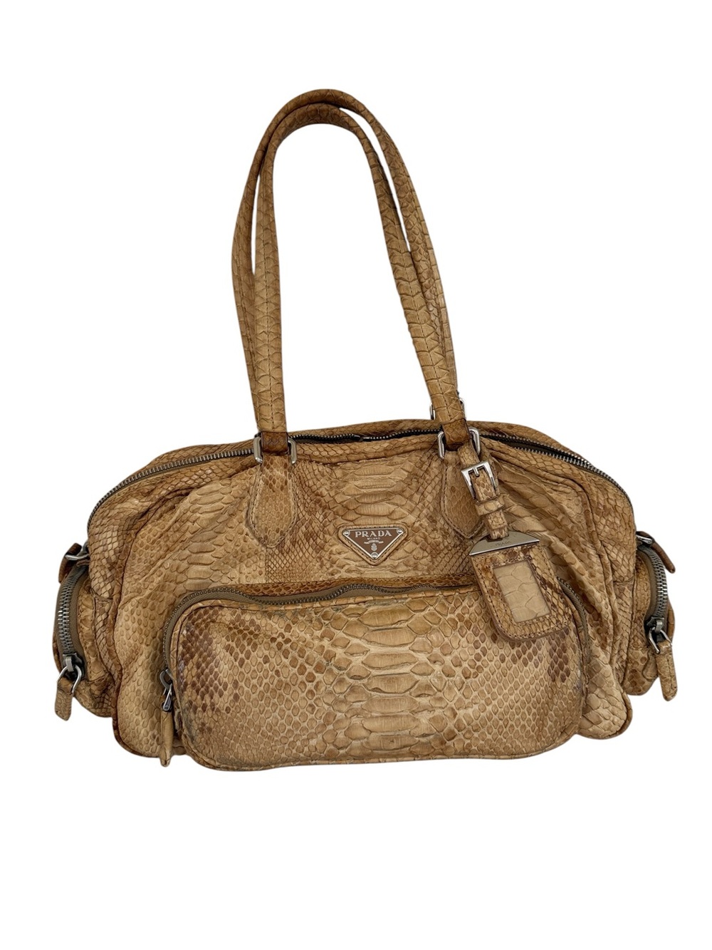 Vintage Y2K Prada Pitone Washed Python Bauletto Bag Naturale Tan Brown